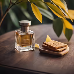 a glass bottle that is sitting next to some crackers
