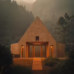 a large pyramid shaped building in the woods
