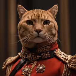 an orange cat in a uniform with gold details