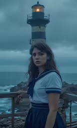 a woman standing in front of a light house on the ocean