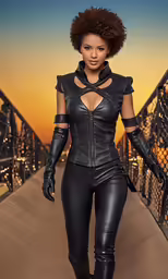 a woman in leathers is standing on the bridge