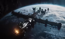 a sci fiy flying above the earth at night