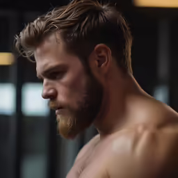 shirtless man in a gym looking at something