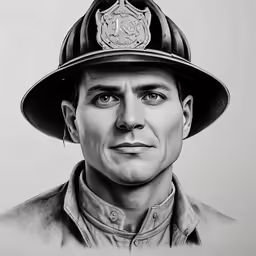a black and white drawing of a fireman wearing a hat