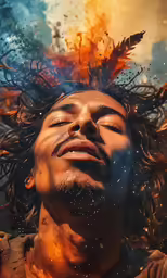 man with dreads and orange sky, flying and staring
