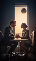 two people are sitting at a table next to an open window