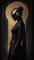 a woman dressed in black with a helmet and armor on