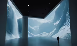 a man standing in the dark inside of a large building