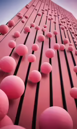an image of a building with pink balls around it