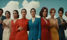 a group of people dressed in various colored suits posing for a photo