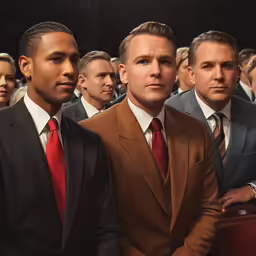 group of men in suits and red ties stand next to each other