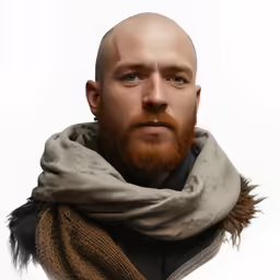 an image of a bald man with a beard and scarf