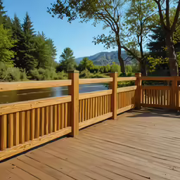 a wooden bridge over a lake with trees