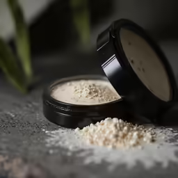 powdered make up in a round container on a table