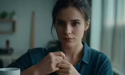 a woman sitting in front of a table holding her hands on the wrist