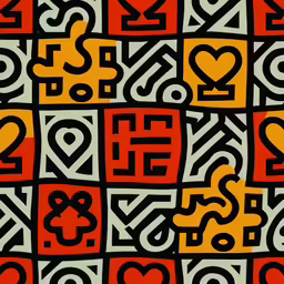 the pattern in black, yellow and red has numbers in a square