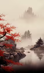 the river is surrounded by trees, and foggy weather