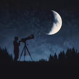 a person in silhouette watching the moon with a telescope