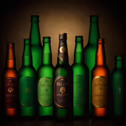 green bottles are lined up with one empty beer