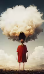 a boy standing under a large cloud of smoke