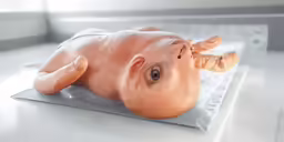 a baby doll laying on its back on a piece of plastic