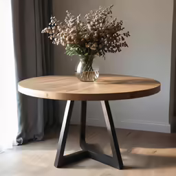 a wooden table sitting in front of a window
