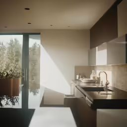 a kitchen area with sink, cabinets and large windows