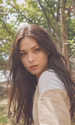 a woman posing for the camera on a tree - lined forest