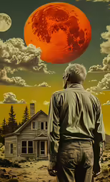 the man is looking at an orange half of the moon