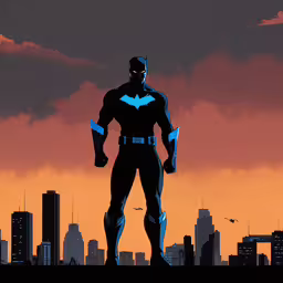 a batman stands on top of a cliff with the city in the background,batman in his full black costume standing with the city skyline in the background