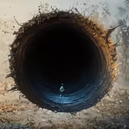 man standing in a hollow of black hole on ground