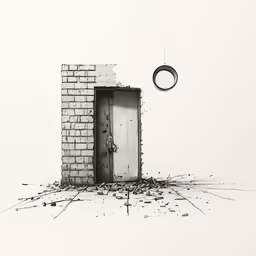 the entrance of the building has a door and a brick wall