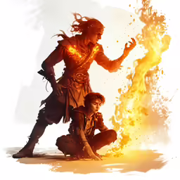 two characters sit in front of a lit up fire