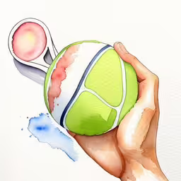 a drawing of a tennis ball in a hand,this is a painting with a tennis ball in it,watercolor painting of tennis ball in person