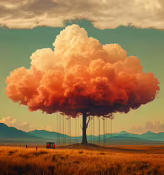 large cloud of orange and white shapes hovering over a tree,there are swings hanging from the tree, while the clouds cover it