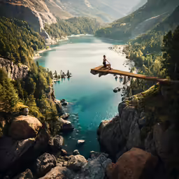 someone sitting on a bridge above the lake that looks like an island