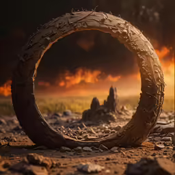 an old tire lays in the middle of a field