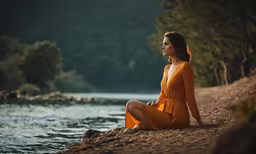 the woman sitting on the beach is dressed in a yellow dress
