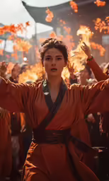 the woman in the traditional chinese costume is holding fire