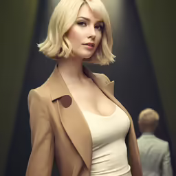 a beautiful blond woman in a tan coat posing for a photo