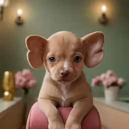 an adorable little dog sitting on top of a red chair