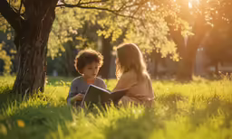 two kids reading in the park during the day