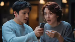 a man and woman look at a phone