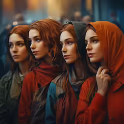 a group of women standing in line looking ahead
