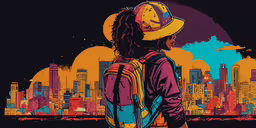 woman with a yellow hat and backpack facing city skyline,a person in a yellow hat with a backpack