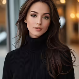 a woman in a black sweater poses for the camera