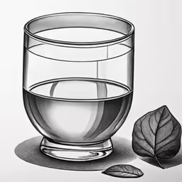 a glass of water and a green leaf