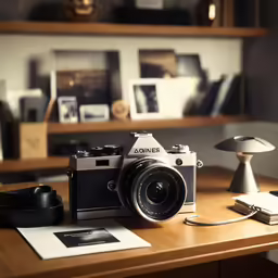 there is a camera sitting on top of a desk