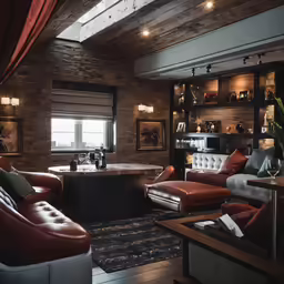 this living room is decorated in earth tone leather