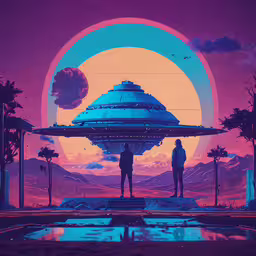 two people stand in front of a spaceship as it hovers,the artwork for an upcoming vr video game